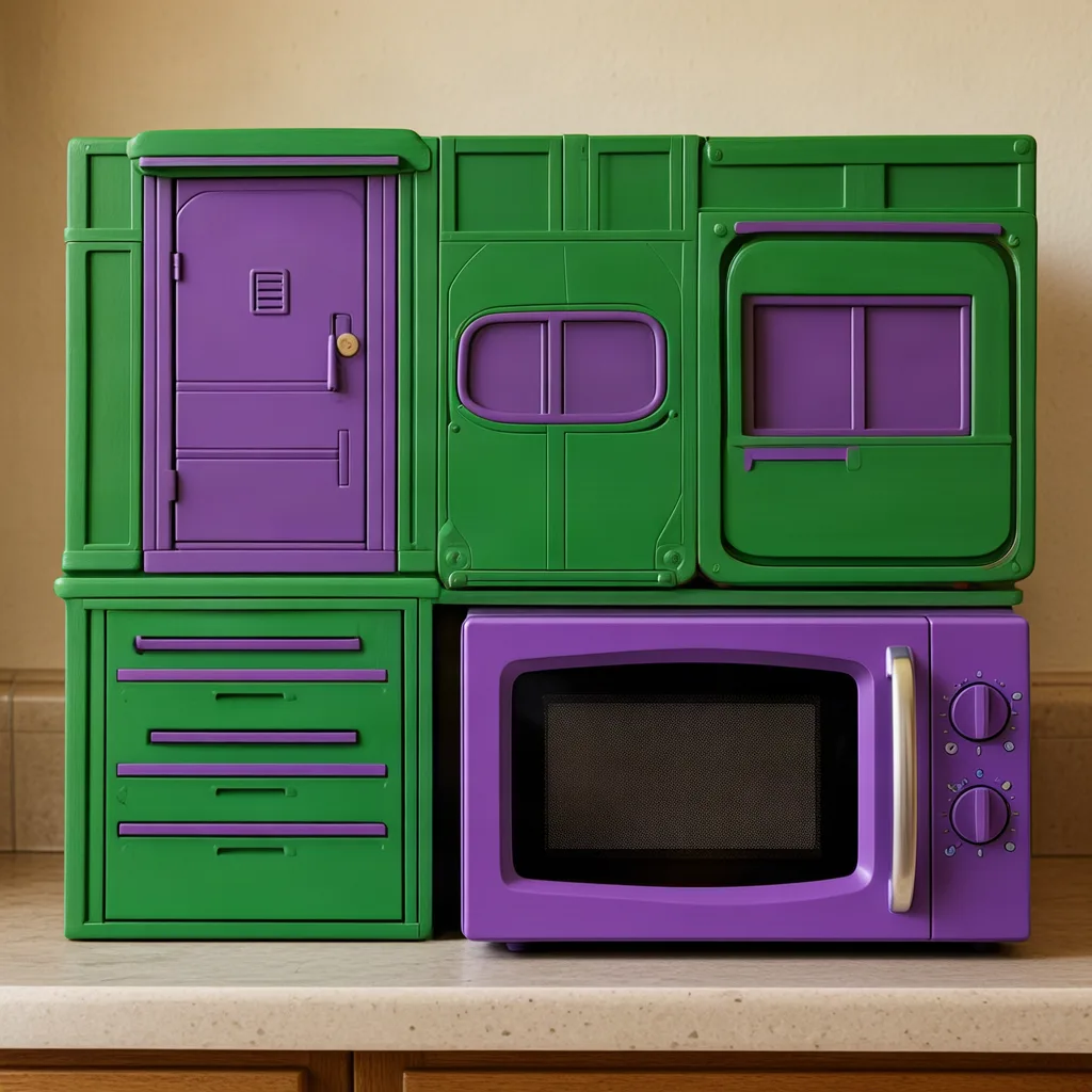 Cosmos 3 Super T2I, A green bus and a purple microwave, Seed 42
