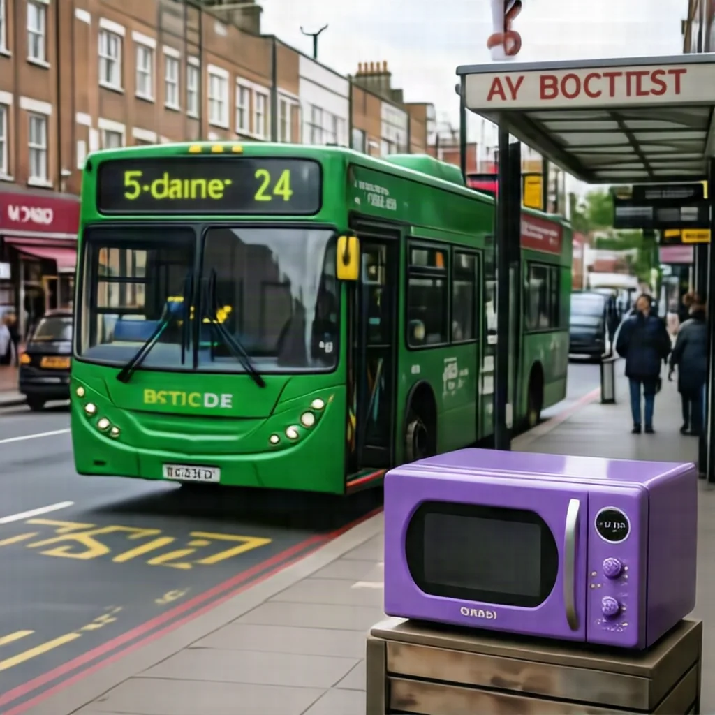 HiDream O1 Image, A green bus and a purple microwave, Seed 42